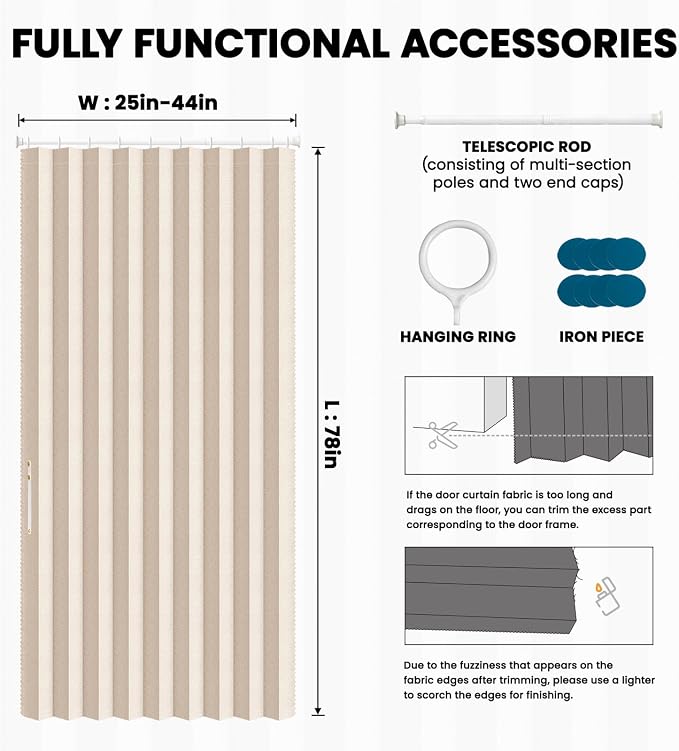 AJAZZ Blackout Door Curtain Pleated Magnetic Doorway Curtain Accordion Door Interior Room Divider Invisible Applicable Bedroom Room Living Room (1 Pack, 43W x 78 L,Biscotti Beige)
