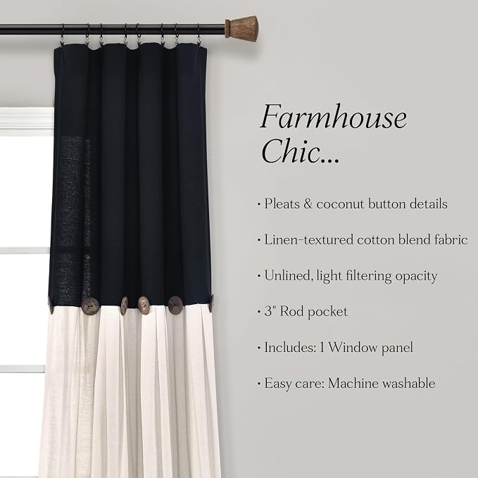 Lush Decor Linen Button Window Curtain Panel, Single, 40" W x 84" L, Black & Off White- Country Curtains - Rustic Decor - Color Block - Modern Farmhouse Curtains