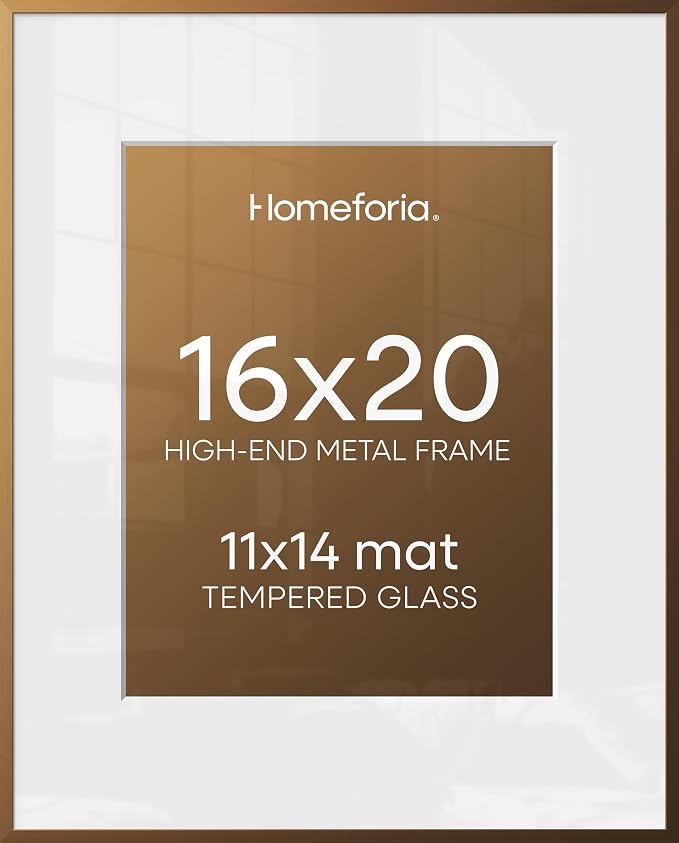Homeforia Picture 16x20 Bronze Frame, High End Metal 16x20 Brass Poster Frames with Mat 11x14 for Photo, 16 x 20 Frame Matted to 11 by 14 Print, 20x16 Hanging Frames, Tempered Glass, Wall Kit, Set of 2