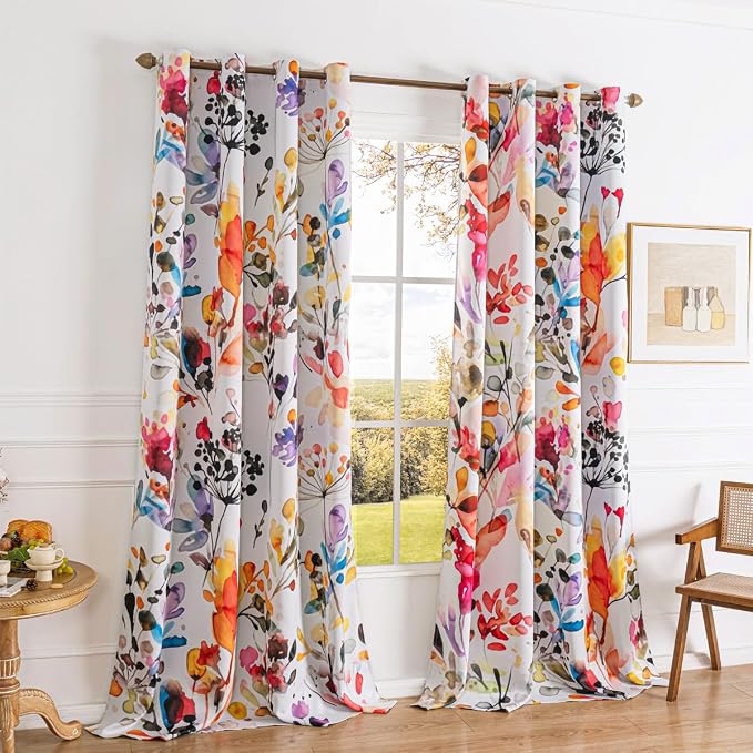 Floral Blackout Curtains 96 inches Long 2 Panel 52x96 Grommet, Retro Rustic Vintage Flowers Leava Patterned Thermal Insulated Black Out Drapes Window Treatment for Bedroom Living Room Decor