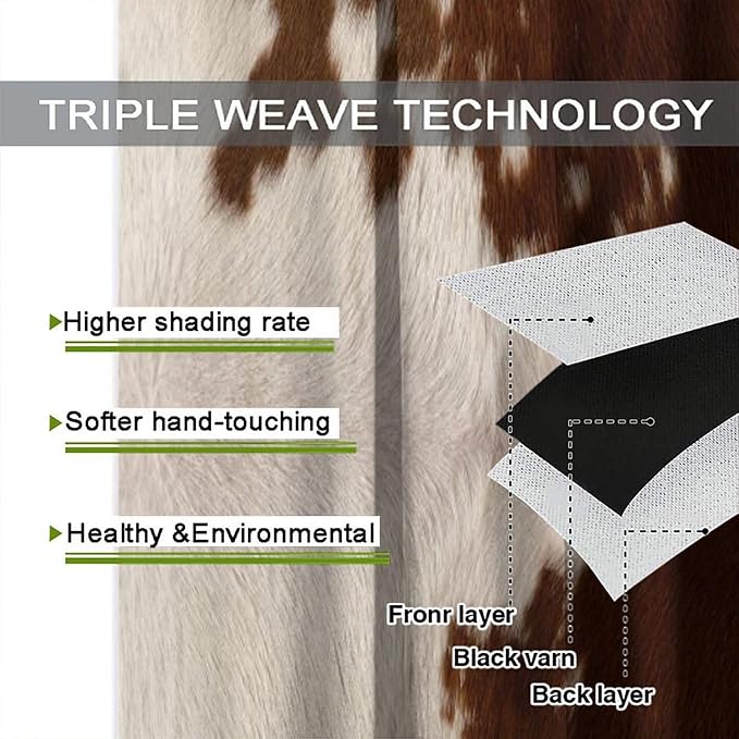 Cow Print Blackout Curtain, Animal Fur Brown Cowhide Western Farm Style Window Treatments Rod Pocket Curtain for Bedroom Living Room Kitchen Decor Drapes 42x54in