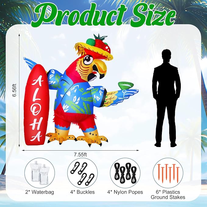 Leyndo 6.56x7.55ft Inflatable Parrot Decorations Tiki Inflatable Flying Parrot with LED Lights Aloha Jungle Animals Luau Hawaiian Tropical Party Decorations for Indoor Outdoor Birthday Beach