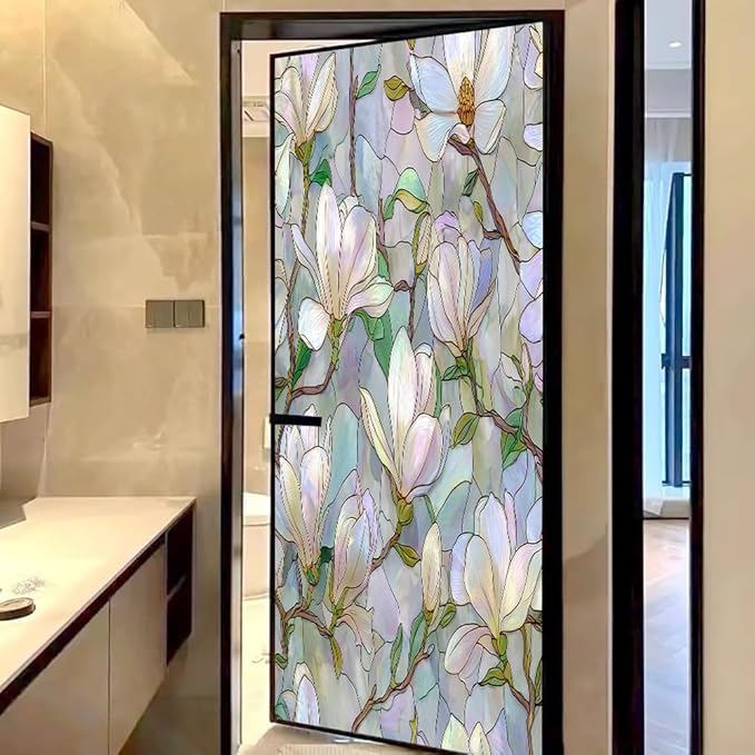 Vintage Magnolia Flower Privacy Window Film, Elegant White Floral Frosted Self-Adhesive Vinyl Cling for Glass Doors Bathroom Windows Sun Blocking Heat Control, 35.4Wx55.1L inch