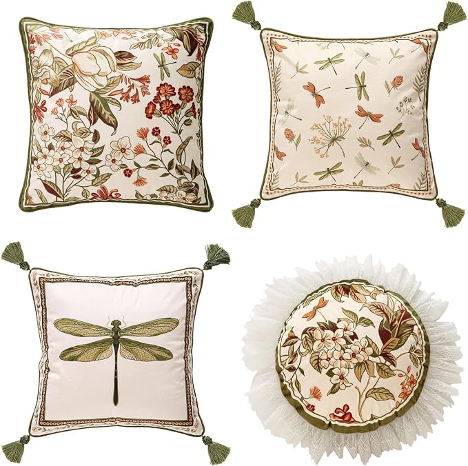 ISAENNE Designer French Velvet Throw Pillow Covers,Set of 4-Grace ABCD | Pillow Cover,Concealed Zipper Design,Dragonfly Pattern,Sofas,Bedroom,Living Room,Lounge Chairs,All Season Home Decor
