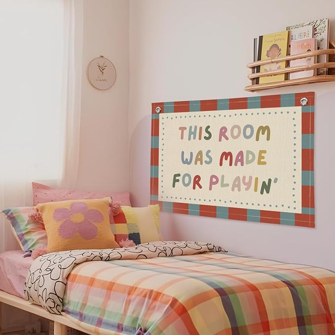 Vintage Playroom Decor Wall Banner "This Room Was Made For Playin'" 20x30 Inch - Nursery Kids Bedroom Wall Hanging, Linen Toddler Play Area Sign, Children's Canvas Flag Decor - Color
