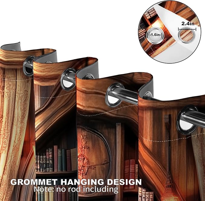 MissHope Vintage Bookshelf Blackout Curtains Book Bookcase Planet Decor for Bedroom Study Classroom Living Room Darkening Grommet Window Drapes 2 Panel Set, 42x63 Inch