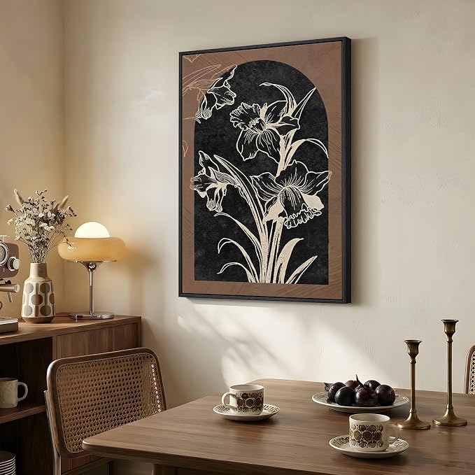 Framed Boho Floral Wall Art for Living Room, Abstract Black Brown Flower Canvas Paintings Prints Artwork for Walls, Mid Century Modern Bohemian Pictures Wall Decor for Bedroom Home Office, 24x36 Inch