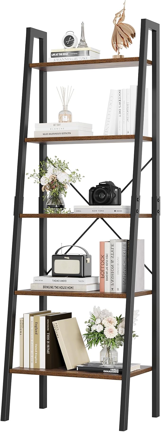 FINETONES 5-Tier Ladder Shelf, Ladder Bookshelf Bookcase with Metal Frame, Plant Rack Display Shelf Accent Furniture for Home Office, Black/Rustic Brown