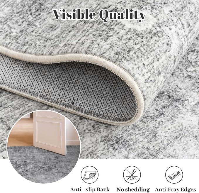 Homemate Washable Rug 6x9 Area Rugs - Vintage Faux Wool Rugs for Living Room Bedroom Dining Room - Non Slip Foldable Carpet Indoor Area Rug for Home Decor（6'x9', Grey