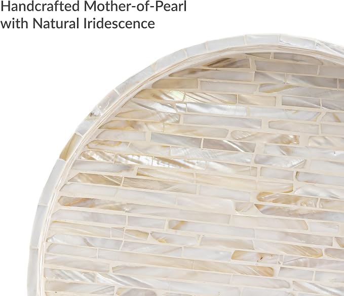 PEMAR 12.6” Decorative Round Serving Tray, Mother of Pearls Inlaid Coffee Table Tray w Insert Handles,Nacred Wooden Ottoman Tray,Bedroom Tray,Cabin Tray. Decorative Platter Basket Tray (White Pattern)