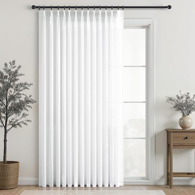 Topfinel 102 Inch Curtains 1 Panels Set,One Packs Pinch Pleat Back Tab Linen Window Semi Sheer Privacy Thick Decorative Curtain Drapes for Living Room Bedroom,72x102 in Long,Beige White