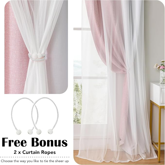 Ombre 100% Blackout Curtains 90 Inches Long 2 Panels for Girls Bedroom Living Room Pink and White Double Layer Sheer Overlay Mix & Match Grommet Thermal Soundproof Drapes with Tiebacks