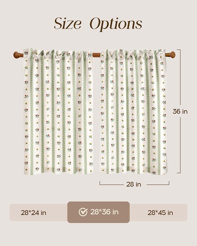 Miss Adola Farmhouse Kitchen Tier Curtains - 36 Inch Length Linen Blend Floral Cafe Curtains Green Stripe Small Window Treatment Over Sink Rod Pocket for Bathroom Living Room Light Filtering, 2 Panels