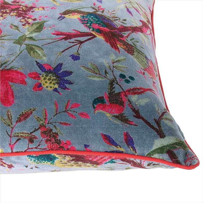 Boho Velvet Bird Print Throw Pillow Cover, Colorful Decorative Floral Cushion Case for Sofa Couch, Bohemian Chic Accent for Bedroom Living Room, 24x24 inch (60x60 cm), Grey Gray
