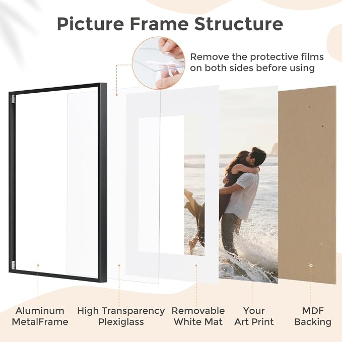 FLYJOE A4 Picture Frame Black - High-End Metal 8.3 x 11.7 Frame Aluminum Frame for Wall, Photo Frame with Mat for A5, 8.25 x 11.75 Poster Frame, Certificate Frame with Glass, Wall Kit, Black