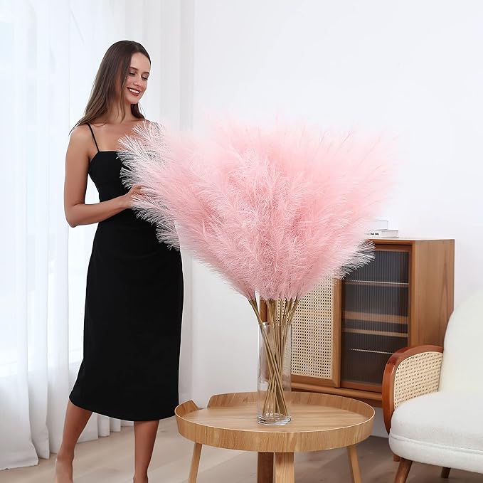 8 Pcs 45 inch Tall Faux Pampas Grass Decor, Large Artificial Pink Pompous Grass Bulk, Long Fake Pompas for Floor Vase Filler, Wedding, Baby Shower, Home and Boho Decor (Pink)