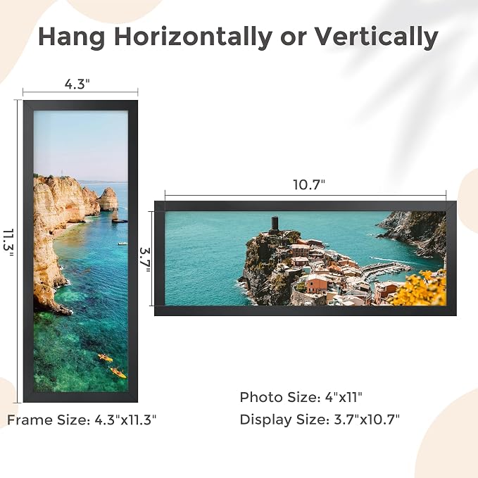 FLYJOE 4x11 Metal Frame - Black Aluminum Photo Frames-Real Real Glass,Tabletop Display,Mounting Horizontally or Vertically Decor for Wall Gallery Poster 11x4 Photo Frames, Black