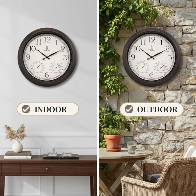 18 inch Outdoor Clocks for Patio Large Waterproof with Thermometer - Black Indoor Outdoor Clock with Temperature and Humidity for Wall - Weatherproof, Accurate & Easy to Read for Pool, Patio & Garden