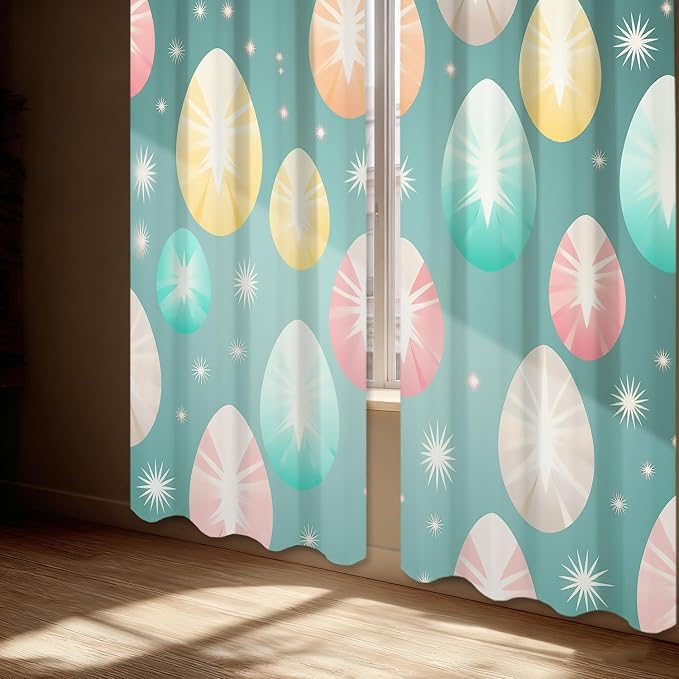 Shrahala Easter Eggs Stars Thermal Insulated Blackout Window Curtains, Colorful Easter Egg Pattern Long Drapes for Bedroom/Living Room with Plastic Grommet, 52X63 Set of 2
