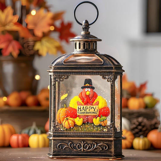 Fall Snow Globe Lantern -Thanksgiving Turkey with Pumpkins Spinning Water Lantern with Swirling Glitter Fall Decorations for Home, Thanksgiving, Autumn Harvest Fall Decor