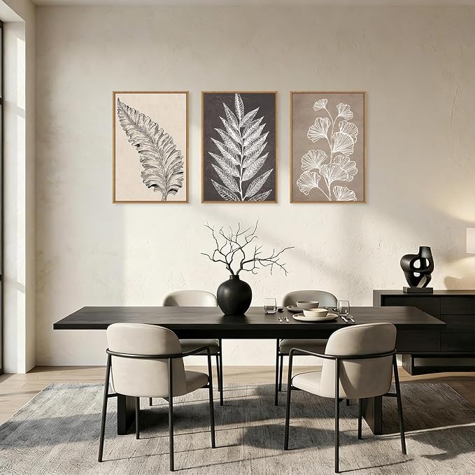 HOURIA Abstract Boho Fern Leaf Floral Framed Canvas Wall Art Set,Vintage Botanical Leaves Wildflower Decor,Modern Minimalist Nature Inspired Beige & Brown Artwork for Living Room,Farmhouse-24 x36 x3
