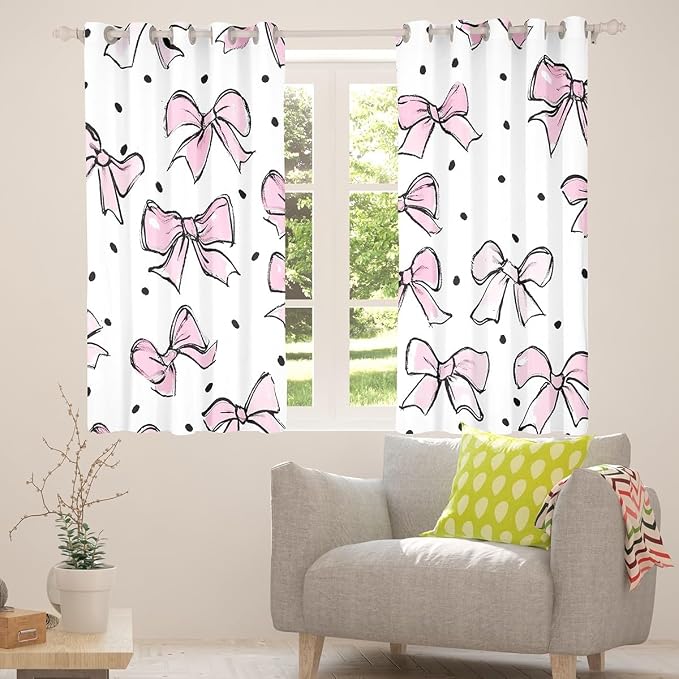 Erosebridal Kids Bow Window Treatments Pink Kawaii Bow 38" Wx54 L Window Curtain for Girls Teen Women Room Decor,Watercolor Bowknot Curtain Black Wave Point Curtains & Drapes