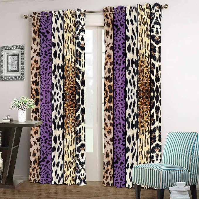 Wild Animal Print Curtain, Room Darkening Thermal Insulated Blackout Leopard Boa Window Drapes with Grommets for Living, Dining, Bedroom, Purple Leopard Print, 42"x 84", 2 Panels