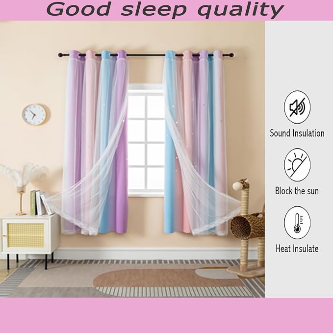 Cute Star Blackout Curtains for Girls Bedroom, Princess Curtains, W52X L72 | 2 Panels Pink Purple Thick Grommet Top Star Cutout Curtains, Double Layer Nursery Kids Curtains, Aesthetic Living Room Decor