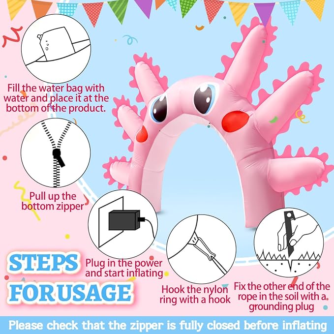 10x16FT Axolotl Inflatable Arch, Giant Pink Axolotl Birthday Party Backdrop Outdoor Yard Cartoon Archway Blow-Up Axolotl Decoration with 1Blower 3Banners for Summer Beach Pool Party Supplies
