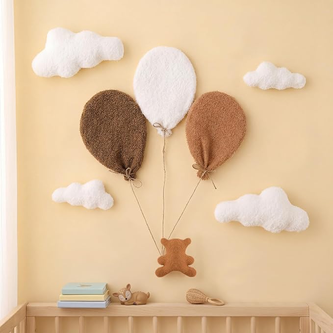 Chumia 5 Pcs Teddy Bear Nursery Wall Decor Balloons Nursery Wall Art with Clouds Star Soft Plush Baby Room Decor Gender Neutral for Bedroom Playroom Decoration
