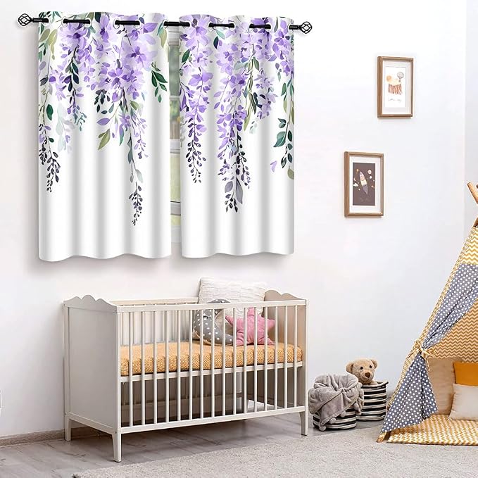 Purple Watercolor Floral Curtains, 52x63 inch, 2 Panels | Botanical Leaves Vine Flowers, Rustic Farmhouse Wisteria, Blackout Window Treatment, For Bedroom Living Room