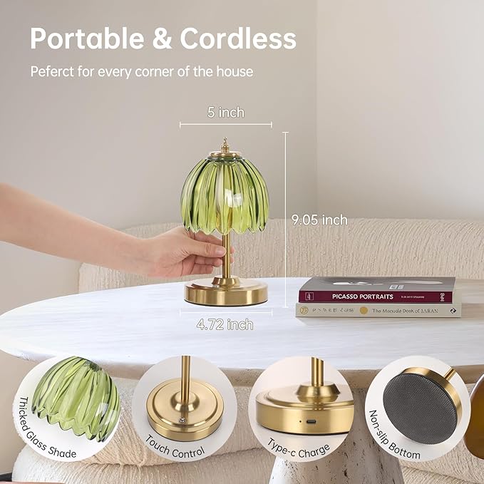 Shenmoyl Tulip Small Table Lamp, 5200mAh Cordless Touch Control Mini Table Lamp with 3 Color Temps & Stepless Dimming, Perfect for Small Spaces Like Dressers, Bedsides, Bookshelves (Green Tulip)