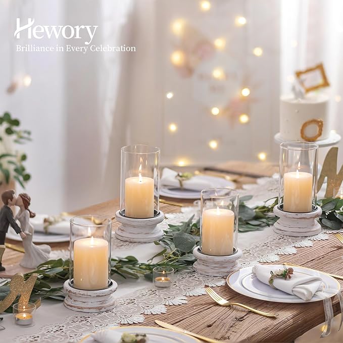 Hewory Hurricane Glass Candle Holder: Rustic White Candle Holders for Pillar Candles, Vintage Decorative Wood Stand with Clear Cylinder Glass for Table Centerpiece Fireplace Mantel Farmhouse Decor