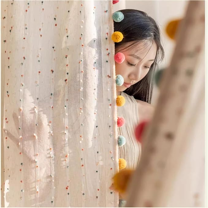 Boho Rainbow Sheer Curtain with Colorful Pom Pom Voile Drapes Faux Linen | Light Filtering Stripe Pompom Rod Pocket Window Drapes for playroom Bedroom/living room 2panels (W52 X L84 Inch-2PCS,White)