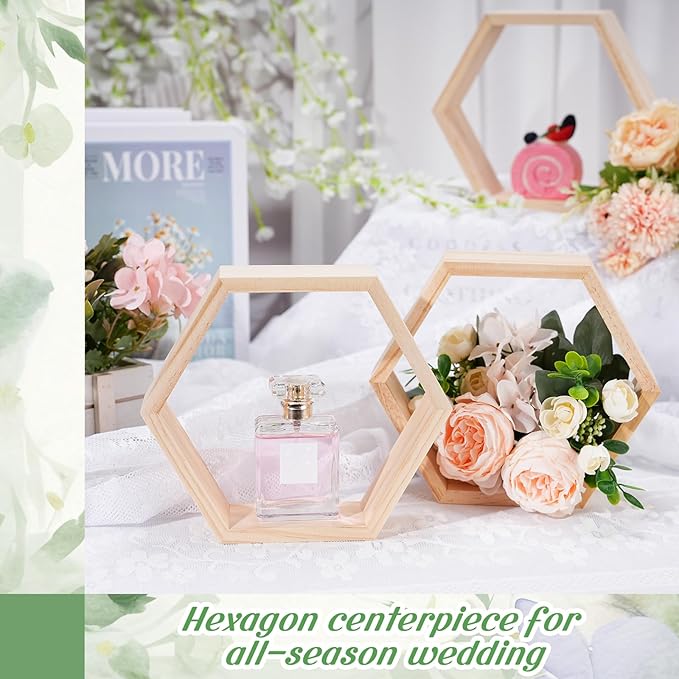 Barydat 12 Pcs 8 Inch Hexagon Shelves Wedding Table Decorations Hexagon Wood Centerpiece Geometric Terrarium Decorative Honeycomb Floating Storage Shelf for Home Office Room (Wood Color)