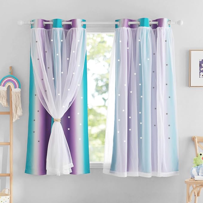 NICETOWN Kids Blackout Curtains Double Layers Sheer Overlay Elegant Decoration for Sliding Patio Door Star Cutout Window Covering with Tiebacks, 42" Wide x 63" Long, Teal & Purple, 2 Panels