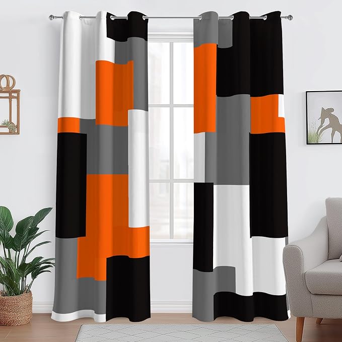 Tyrot Orange 100% Blackout Curtains for Bedroom 96 inch Length 2 Panels Set White Grey Modern Abstract Geometric Black Out Curtains Insulated Room Darkening Window Drapes for Living Room, 42Wx96L