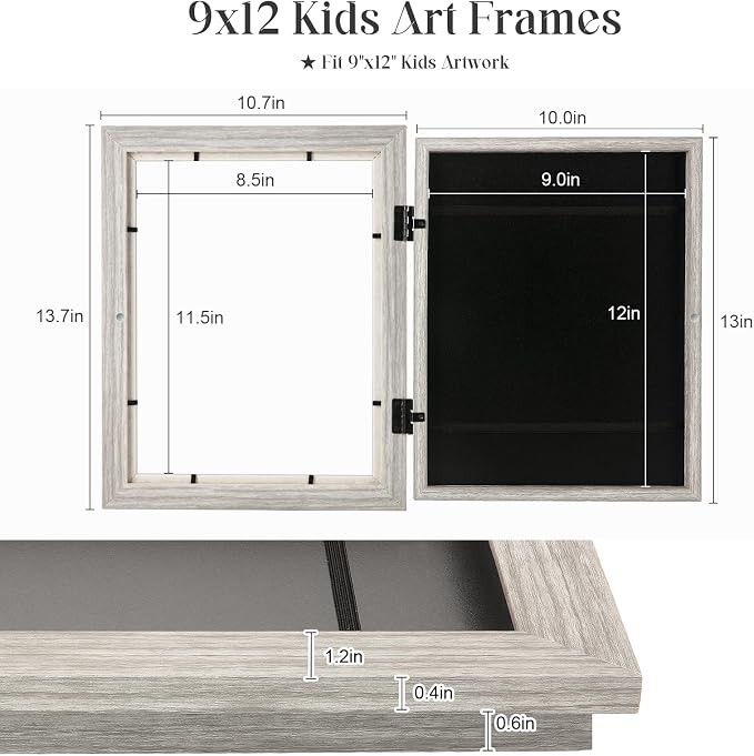 GULETHUN [2-Pack] Kids Art Frames, 9x12 Front Opening Kids Artwork Frames Changeable, Light Wooden Color Artwork Display Storage Frame for Wall, Holds 50 Pcs, for 3D Picture, Crafts, Children Drawing