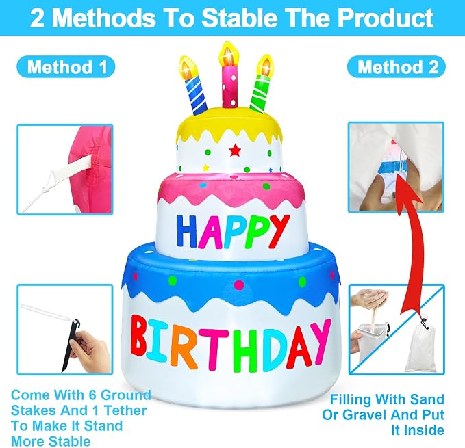 6 Ft Inflatable Happy Birthday Cake Decorations Outdoor Lighted Blow Up Holiday Birthday Party Decor with Candles 6 LED Lights for Indoor Home Celebration Garden Lawn Yard Prop Sign
