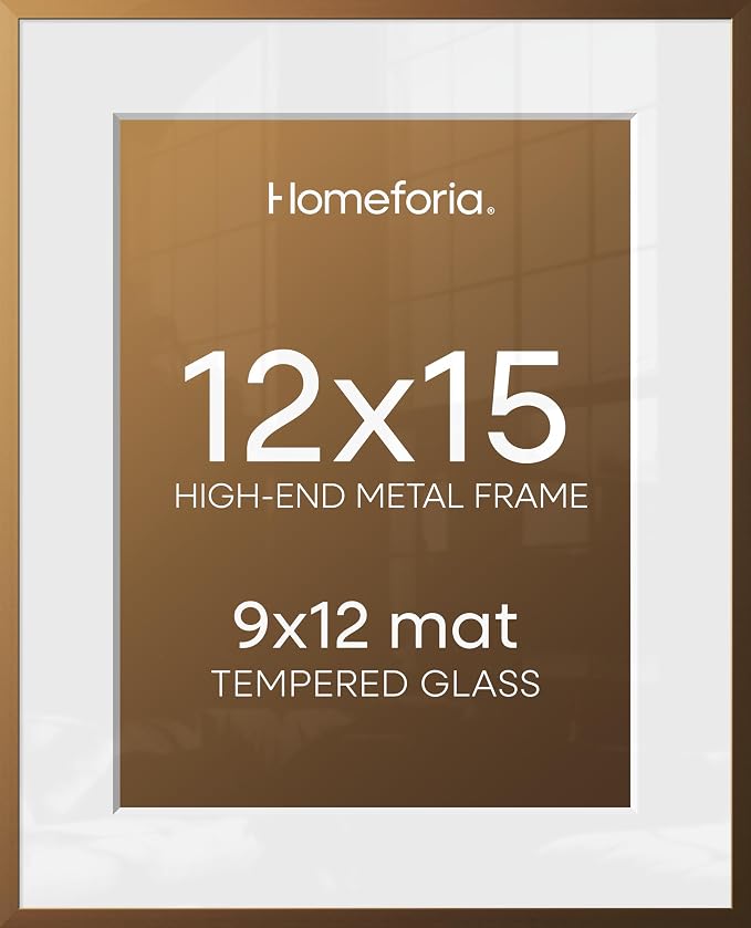 Homeforia 12x15 Picture Frame Bronze, High End Metal 12x15 Brass Poster Frames with Mat 9x12 Photo, 12 x 15 Bronze Frame Matted to 9 by 12 Print, 15by12 Thin Frames, Tempered Glass, Wall Kit, Set of 3