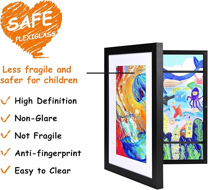 KINLINK 10x12.5 Kids Art Frame 2 Pack, Solid Wood Artwork Frames Changeable, Front Opening Hold 150 Pictures, Art Frames for Kids Artwork, 8.5x11 with Mat 10x12.5 without Mat, Picture Frames Black