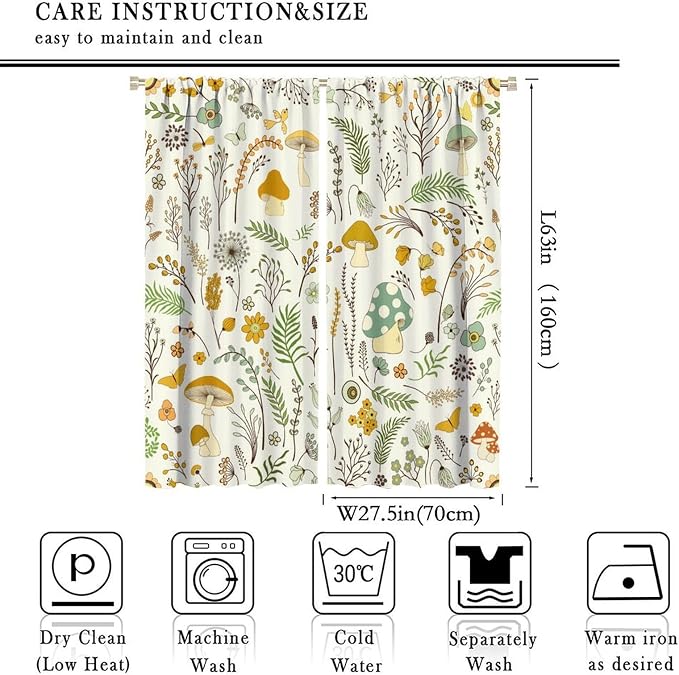 Wild Mushroom Curtains, Vintage Botanical Rustic Retro Wildflower Herbs Plants Green Mushroom Blackout Window Treatments for Living Room Kitchen Bedroom 55x63in