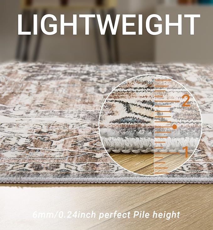 befbee 9x12 Area Rugs for Living Room,Ultra-Thin Washable Rug, Non-Slip Lightweight Foldable Area Rug, Stain Resistant Vintage Large Rugs(Brown/Grey,9'x12')