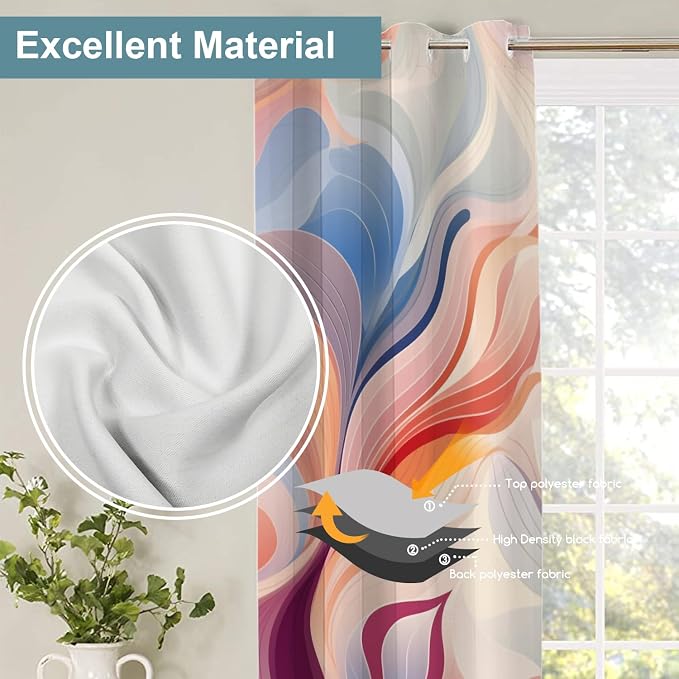 Shrahala Colorful Waves Blackout Window Curtains, Fluid Abstract Pattern Thermal Insulated Curtains Grommet Long Drapes for Bedroom,Living Room (2 Panels, 52 X 63 in)