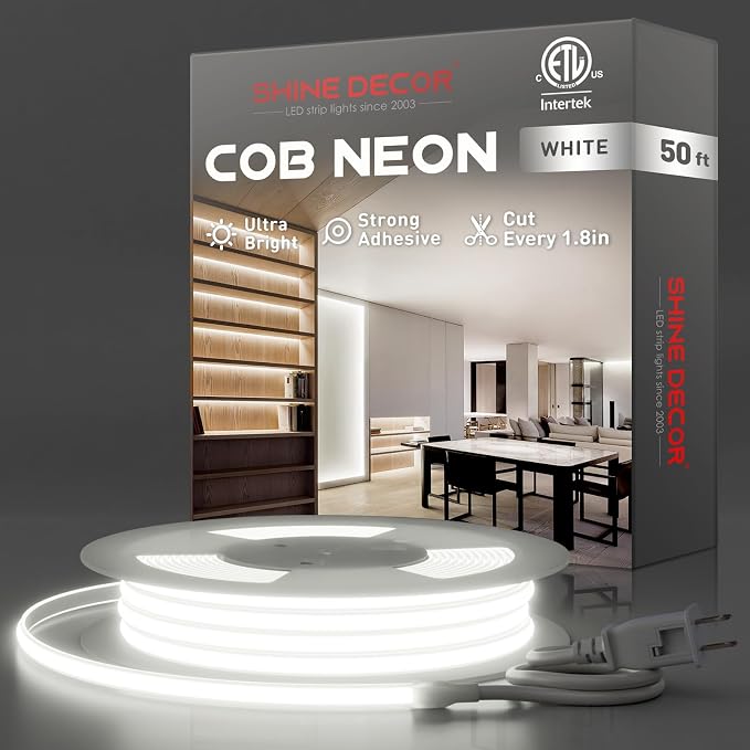 Shine Decor COB LED Rope Light AC 120V, 800lm Ultra Bright, IP65 Waterproof Cold-Resistant ETL Neon Strip, No Driver Tape Lighting for Home Commercial 10x4.5mm, 6000K Cool White, 50ft