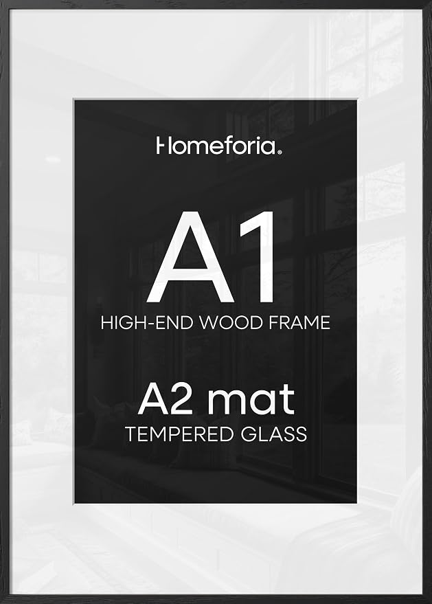 Homeforia Black Wood A1 Frame, High End Oak 23.4 x 33.1 Black Wooden Poster Frames Matted to 16.5 by 23.4 inches Photo, A1 Size Large Wood Picture Frame with Mat A2, Tempered Glass, Wall Kit, Set of 1