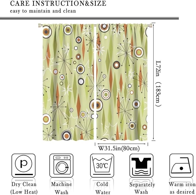 JESTRONRY Mid Century Curtains,Vintage 1950s Modern Retro Atomic Pattern Blackout Rod Pocket Window Drapes for Living Room Bedroom Kitchen Bathroom Home Decor 63x72in
