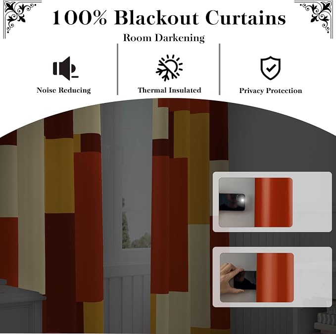 Tyrot Rust Burnt Orange 100% Blackout Curtains for Bedroom 63 inch Long 2 Panels Set Modern Abstract Geometric Black Out Curtains Insulated Room Darkening Window Drapes for Living Room, 52Wx63L