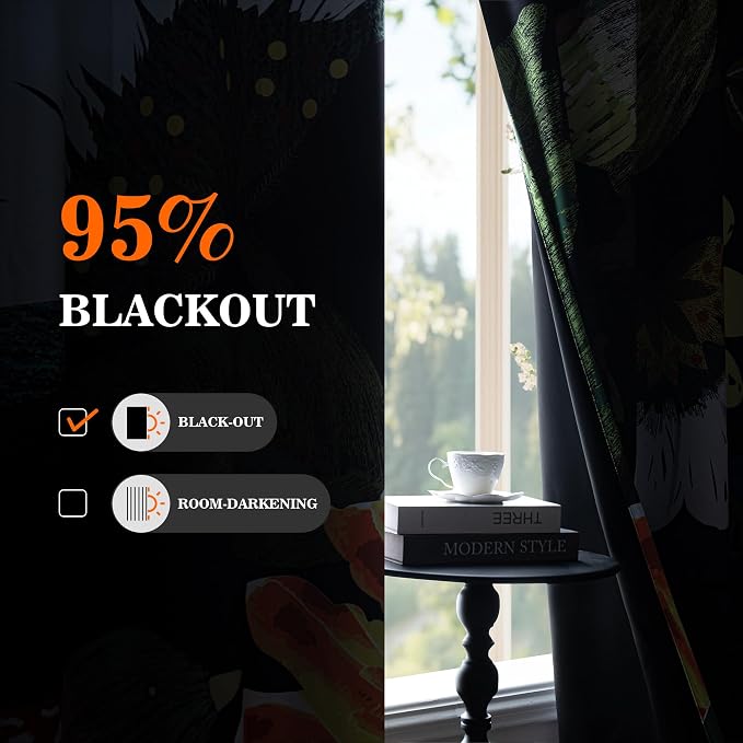 MYSKY HOME Black Boho Floral Blackout Curtains 95 inch Long for Living Room Dining Room Thermal Insulated Room Darkening Energy Saving with Patterned Bird Design Grommet Drapes, 2 Panels,52" Wide