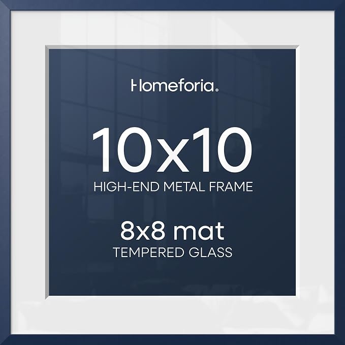 Homeforia 10x10 Picture Frame Navy Blue, High End Metal 10 by 10 Square Frames with Mat 8 x 8 Photo, 10by10 Poster Frame Matted to 8x8 Print, Wall or Tabletop Frame, Tempered Glass, Wall Kit, Set of 2